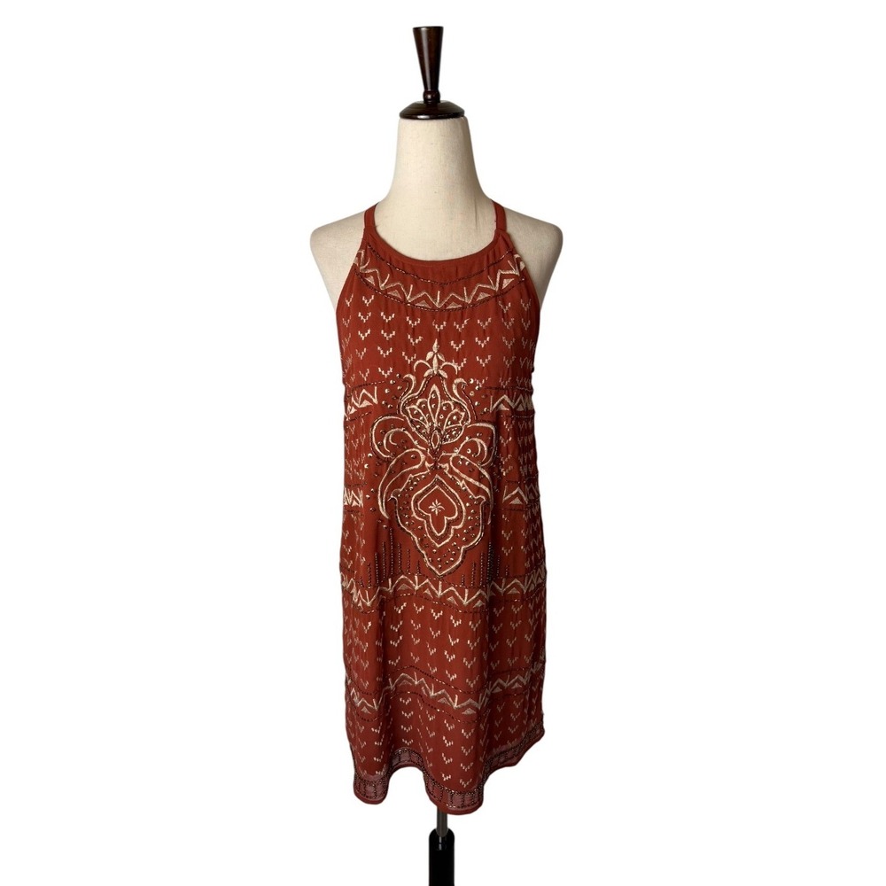Forever 21 Dress Women Medium Orange Rust Beaded Embroidered Boho Halter Party - Picture 2 of 11